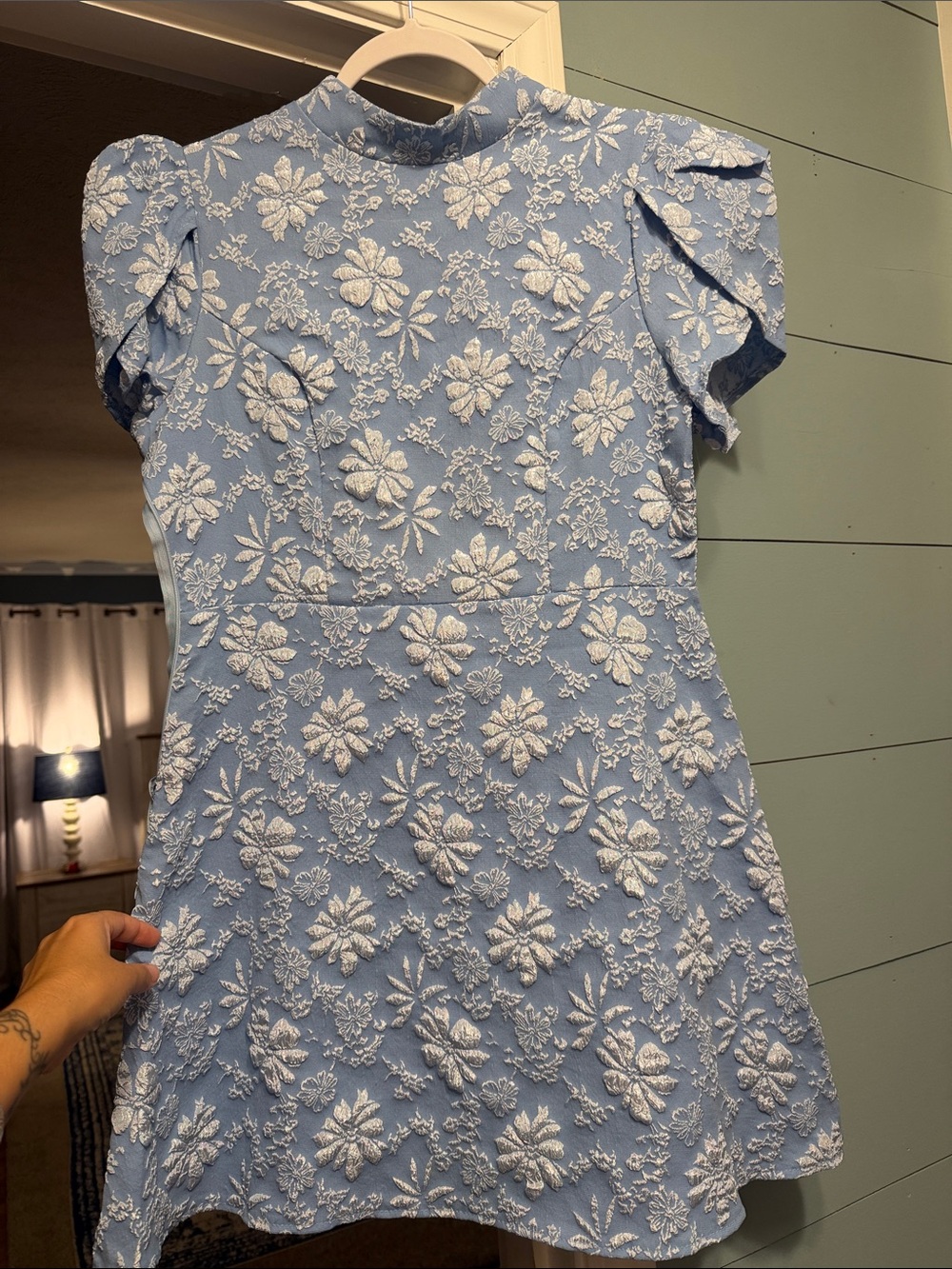 SHEIN Light Blue Embroidered Floral Mini Dress